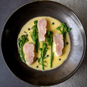 Marinated and Seared Yellowtail, Steamed Bimi, Champagne Beurre Blanc