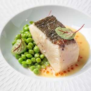 Charcoal-Grilled Hiramasa (Skin Side Only) / Smoked Maresme Peas / Yuzu Kosho Beurre Blanc / Trout Roe / Red Sorrel